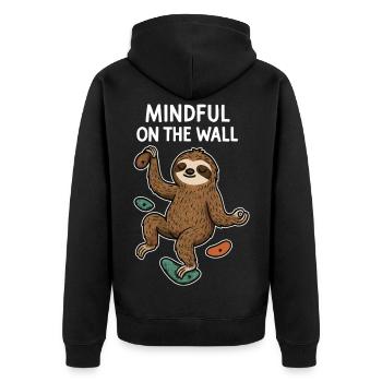 Mindful on the Wall – Zen Faultier an Wand - Unisex Premium Bio Zip Hoodie - Schwarz - Hinten - Nico (187cm)