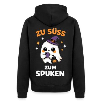 Zu süß zum Spuken – Kawaii-Geist mit Hexenhut - Unisex Premium Bio Zip Hoodie - Schwarz - Hinten - Nico (187cm)