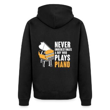 Unterschätze niemals einen Jungen, der Klaviermusiker spielt - Unisex Premium Bio Zip Hoodie - Schwarz - Hinten - Nico (187cm)
