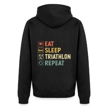 Essen, Schlaf, Triathlon, Wiederholung, Schwimmen, Radfahren, Laufen, Triathlet - Unisex Premium Bio Zip Hoodie - Schwarz - Hinten - Nico (187cm)