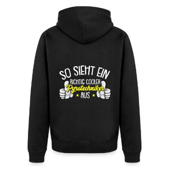Richtig cooler Pyrotechniker Böller Pyrotechnik - Unisex Premium Bio Zip Hoodie - Schwarz - Hinten - Nico (187cm)