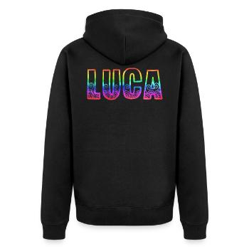 luca rs regenbogen - Unisex Premium Bio Zip Hoodie - Schwarz - Hinten - Nico (187cm)