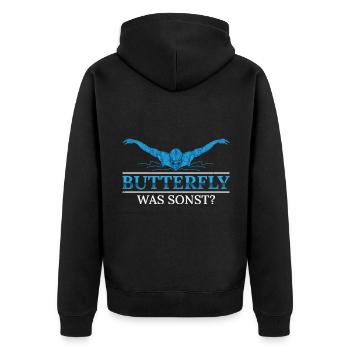 Schwimmen Schmetterling was sonst Schwimmer - Unisex Premium Bio Zip Hoodie - Schwarz - Hinten - Nico (187cm)