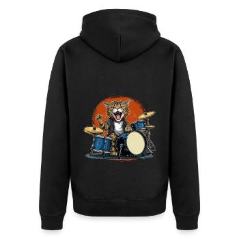 Metal Rock Cat Drummer 3 - Unisex Premium Bio Zip Hoodie - Schwarz - Hinten - Nico (187cm)