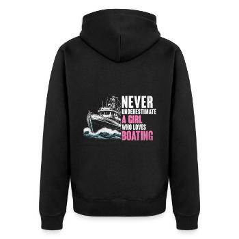 Never Underestimate A Girl Who Loves Boating - Unisex Premium Organic Zip Hoodie - black - Back - Nico (187cm)