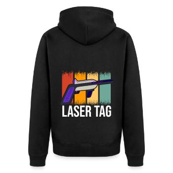 Retro Graphic Lasertag Player Lasertag Phaser Lase - Unisex Premium Bio Zip Hoodie - Schwarz - Hinten - Nico (187cm)