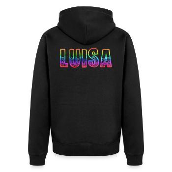 luisa rs regenbogen - Unisex Premium Bio Zip Hoodie - Schwarz - Hinten - Nico (187cm)