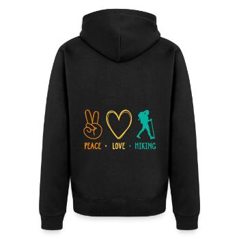 Peace Love Hiking Mountaineering Trekking Outdoor - Unisex Premium Bio Zip Hoodie - Schwarz - Hinten - Nico (187cm)