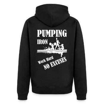 Fitness weightlifting works hard no excuses - Unisex Premium Organic Zip Hoodie - black - Back - Nico (187cm)