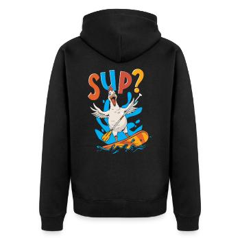 Renn-SUP-Zubehör Allround Chicken Sup - Unisex Premium Bio Zip Hoodie - Schwarz - Hinten - Nico (187cm)