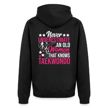 Ne sous-estimez jamais une vieille femme Taekwondo - Veste à capuche bio Premium Unisexe - noir - Dos - Nico (187cm)
