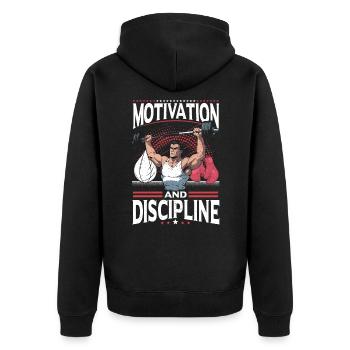 Motivation und Disziplin Fitnessstudio Fitness - Unisex Premium Bio Zip Hoodie - Schwarz - Hinten - Nico (187cm)