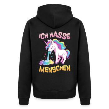 Ich Hasse Menschen Einhorn Kotzt Regenbogen Lustig - Unisex Premium Bio Zip Hoodie - Schwarz - Hinten - Nico (187cm)