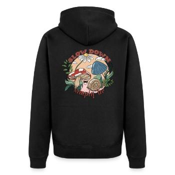 Slow down Simply be Backprint - Unisex Premium Organic Zip Hoodie - black - Back - Nico (187cm)