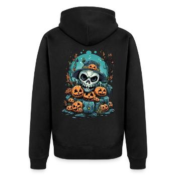 Halloween Skull & Jack O'Lanterns - Unisex Premium Bio Zip Hoodie - Schwarz - Hinten - Nico (187cm)