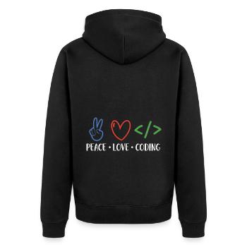 Peace Love Coding Coder Software Developer Program - Unisex Premium Bio Zip Hoodie - Schwarz - Hinten - Nico (187cm)