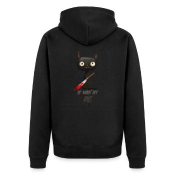 Funny Black Cat with Knife - It wasnt me - Unisex Premium Bio Zip Hoodie - Schwarz - Hinten - Nico (187cm)