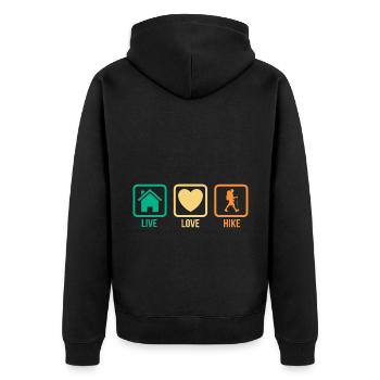 Live Love Hike Mountaineering Trekking Hiker Outdo - Unisex Premium Bio Zip Hoodie - Schwarz - Hinten - Nico (187cm)