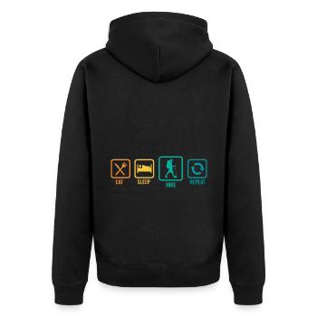 Eat Sleep Hike Repeat Trekking Mountaineering Hiki - Unisex Premium Bio Zip Hoodie - Schwarz - Hinten - Nico (187cm)