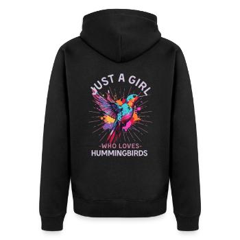 Bunter Kolibri Farbkleckse Spruch für Frauen - Unisex Premium Bio Zip Hoodie - Schwarz - Hinten - Nico (187cm)