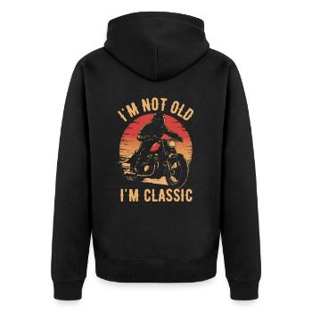 Motorrad Vintage Pensionär Rentner - Unisex Premium Bio Zip Hoodie - Schwarz - Hinten - Nico (187cm)