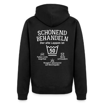 Schonend Behandeln - 50.Geburtstag - Der alte - Unisex Premium Bio Zip Hoodie - Schwarz - Hinten - Nico (187cm)