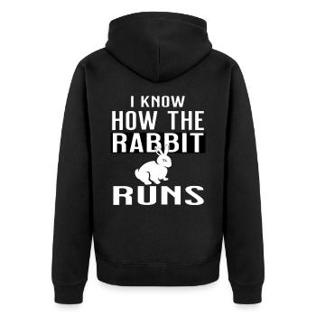 I know how the rabbit runs - lustiges Sprichwort - Unisex Premium Bio Zip Hoodie - Schwarz - Hinten - Nico (187cm)