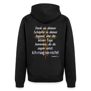 Denk an Deinen Schöpfer ehe die Tage - Bibel Zitat - Unisex Premium Bio Zip Hoodie - Schwarz - Hinten - Nico (187cm)