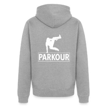 Parkour Parkourläufer Stuntman Free Runner Sport - Unisex Premium Bio Zip Hoodie - Grau meliert - Hinten - Nico (187cm)