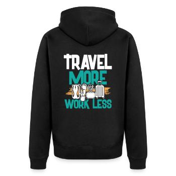 more travel less work - Unisex Premium Organic Zip Hoodie - black - Back - Nico (187cm)