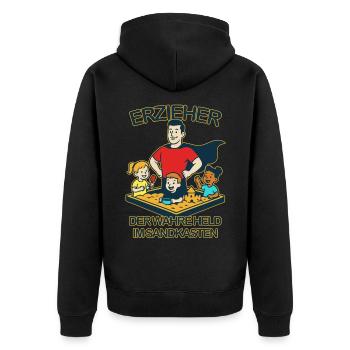 Erzieher - Der wahre Held im Sandkasten - Unisex Premium Bio Zip Hoodie - Schwarz - Hinten - Nico (187cm)
