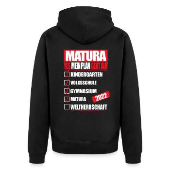 Matura 2022 Abitur bestanden WELTHERRSCHAFT Matura - Unisex Premium Bio Zip Hoodie - Schwarz - Hinten - Nico (187cm)