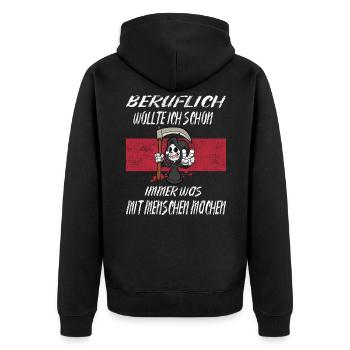 Beruflich Sensenmann - Unisex Premium Bio Zip Hoodie - Schwarz - Hinten - Nico (187cm)