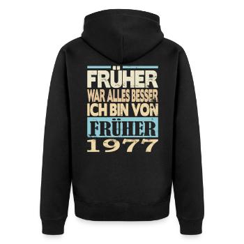1977 Geboren Früher war alles besser - Unisex Premium Bio Zip Hoodie - Schwarz - Hinten - Nico (187cm)