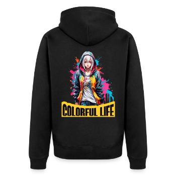 Anime Mädchen mit Farbflecken - Unisex Premium Bio Zip Hoodie - Schwarz - Hinten - Nico (187cm)