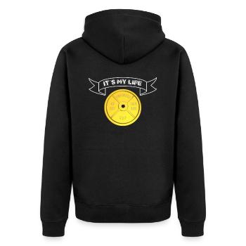 Weight Plate Banner "Its My Life" white - Unisex Premium Organic Zip Hoodie - black - Back - Nico (187cm)