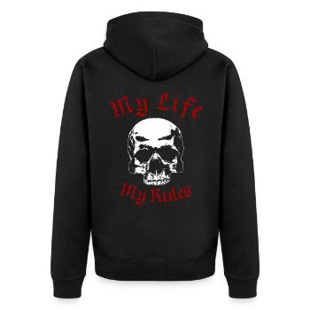 Mein Leben - Meine Regeln Skull - Unisex Premium Bio Zip Hoodie - Schwarz - Hinten - Nico (187cm)