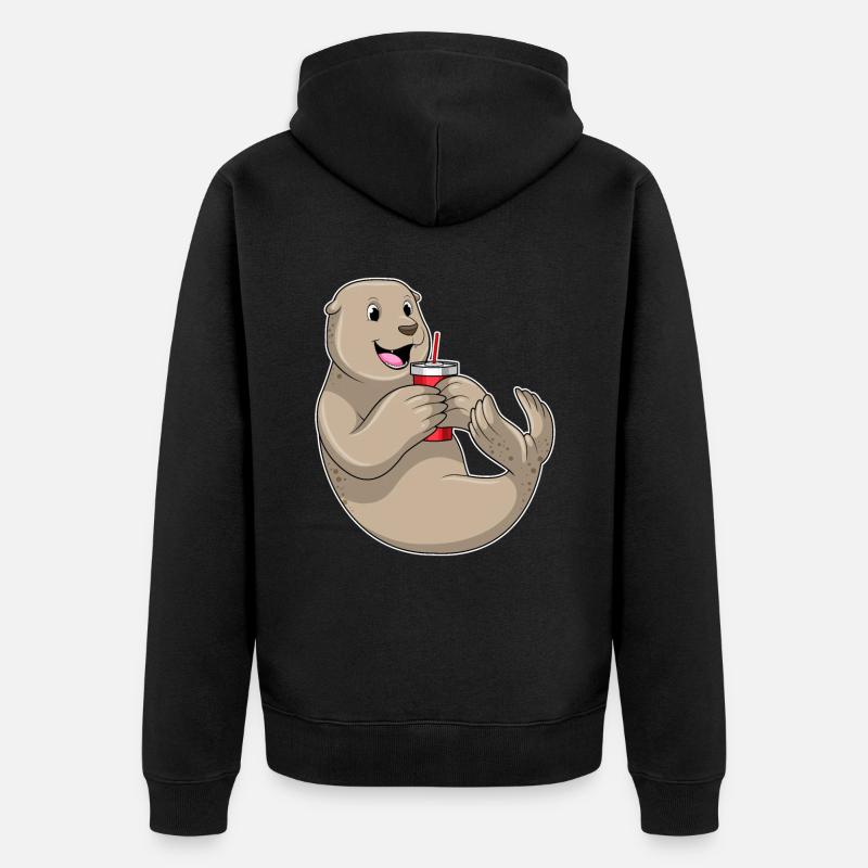 Seehund mit Becher mit Strohhalm - Unisex Premium Bio Zip Hoodie - Schwarz