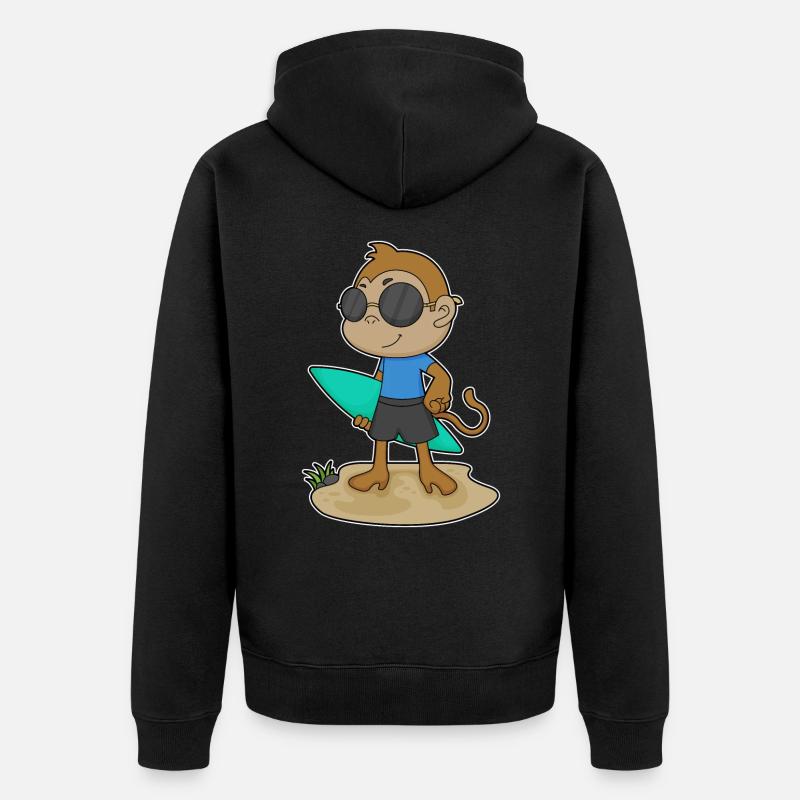 Affe Surfer Surfbrett - Unisex Premium Bio Zip Hoodie - Schwarz