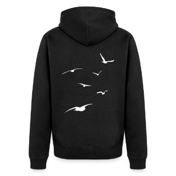 Möwenschwarm - Urlaub am Meer - Strand - Himmel - Unisex Premium Bio Zip Hoodie - Schwarz - Hinten - Nico (187cm)