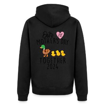 Muttertag Unser erster Muttertag - Unisex Premium Bio Zip Hoodie - Schwarz - Hinten - Nico (187cm)