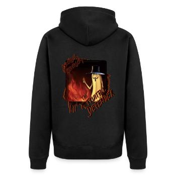 "The Fruitful Defender: Bayana Fawkes" - Unisex Premium Bio Zip Hoodie - Schwarz - Hinten - Nico (187cm)