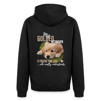 Golden-Retriever, lustiger Spruch - Unisex Premium Bio Zip Hoodie - Schwarz - Hinten - Nico (187cm)