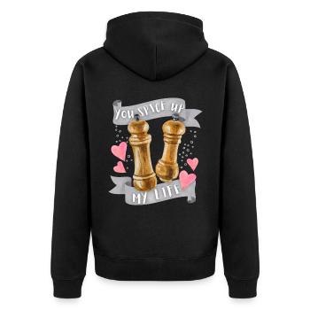 Liebe-Love, lustiger Spruch, Salz-und-Pfeffer - Unisex Premium Bio Zip Hoodie - Schwarz - Hinten - Nico (187cm)