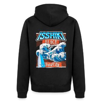 Japan, Isshiki Beach, Surfing Hokusai-Welle - Unisex Premium Bio Zip Hoodie - Schwarz - Hinten - Nico (187cm)