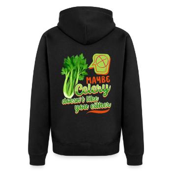 Sellerie, lustiger Spruch, Celery-Doesn't-Like-You - Unisex Premium Bio Zip Hoodie - Schwarz - Hinten - Nico (187cm)