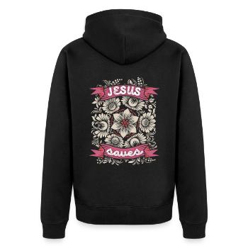 Jesus-Saves, Jesus Christus, Vintage-Blumen Spruch - Unisex Premium Bio Zip Hoodie - Schwarz - Hinten - Nico (187cm)