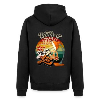 Vintage-1970, Retro-70er Jahre, Groovy-Love Spruch - Unisex Premium Bio Zip Hoodie - Schwarz - Hinten - Nico (187cm)