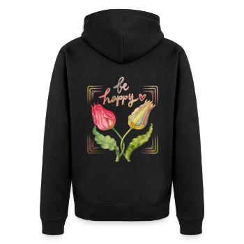 Be-Happy, Motivation, Spruch mit Vintage-Tulpen - Unisex Premium Bio Zip Hoodie - Schwarz - Hinten - Nico (187cm)