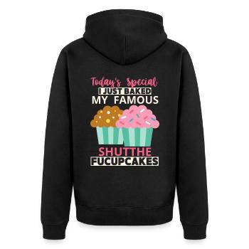 Cupcakes, funny saying Shutthefucupcakes - Unisex Premium Organic Zip Hoodie - black - Back - Nico (187cm)